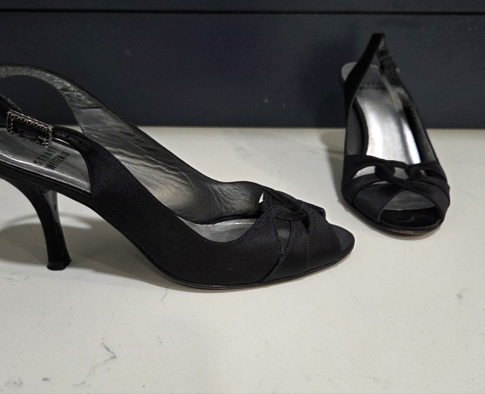 Stuart Weitzman Black Satin  Slingback Heels Black Rhinestone Buckle Size 7M